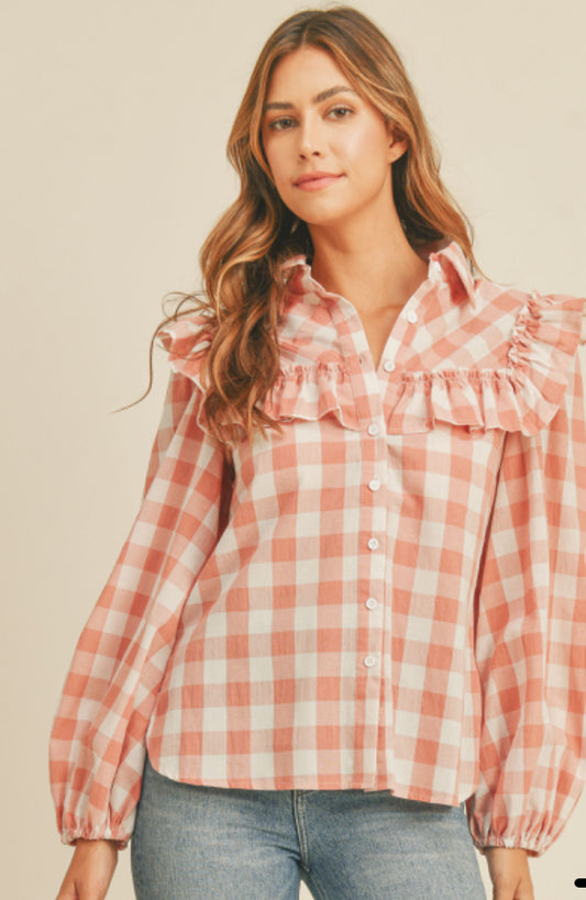 RUFFLE SHOULDER DETAIL PLAID BUTTON DOWN BLOUSE