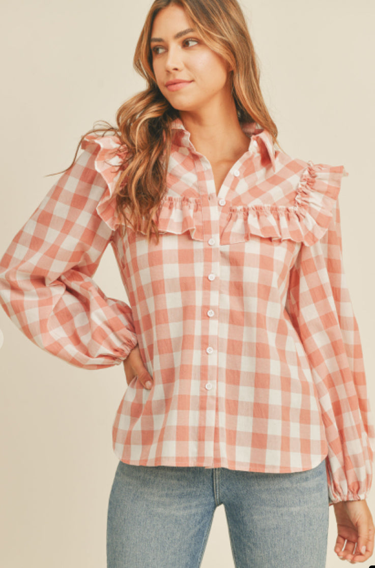 RUFFLE SHOULDER DETAIL PLAID BUTTON DOWN BLOUSE