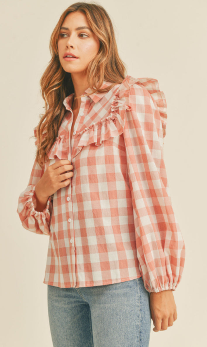 RUFFLE SHOULDER DETAIL PLAID BUTTON DOWN BLOUSE