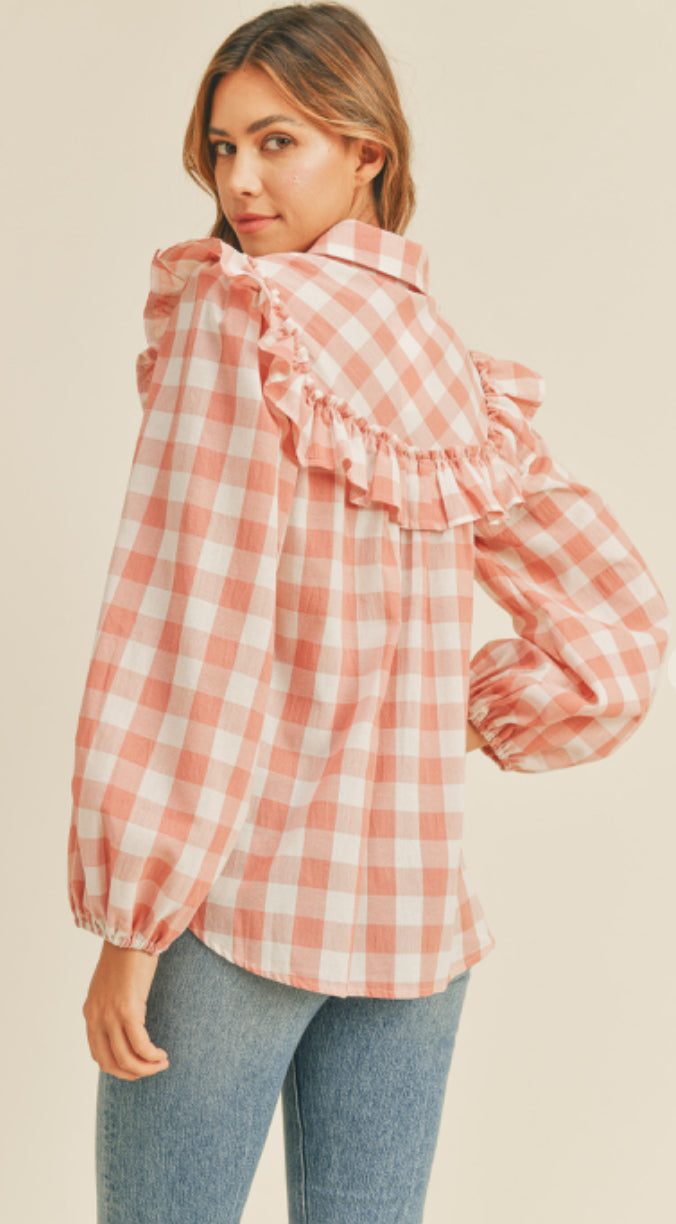 RUFFLE SHOULDER DETAIL PLAID BUTTON DOWN BLOUSE