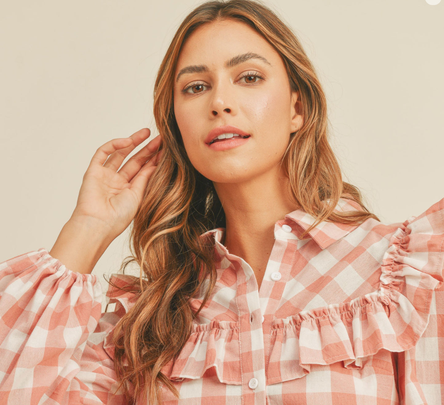 RUFFLE SHOULDER DETAIL PLAID BUTTON DOWN BLOUSE