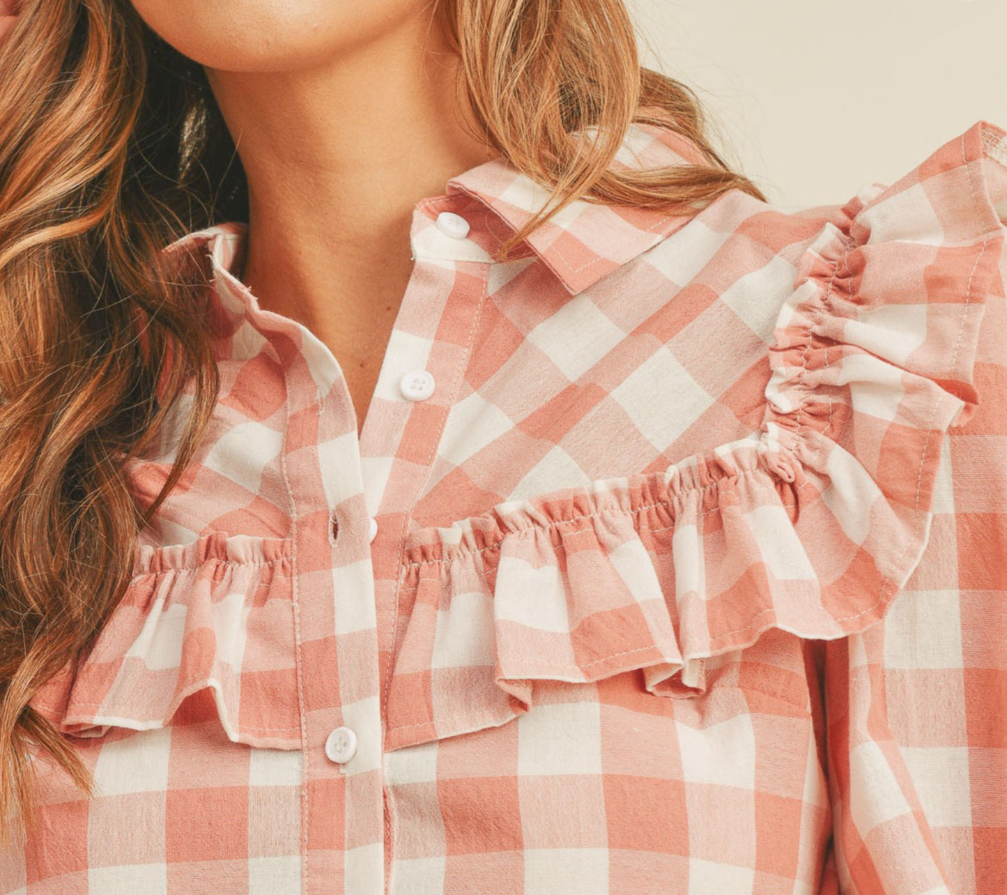 RUFFLE SHOULDER DETAIL PLAID BUTTON DOWN BLOUSE