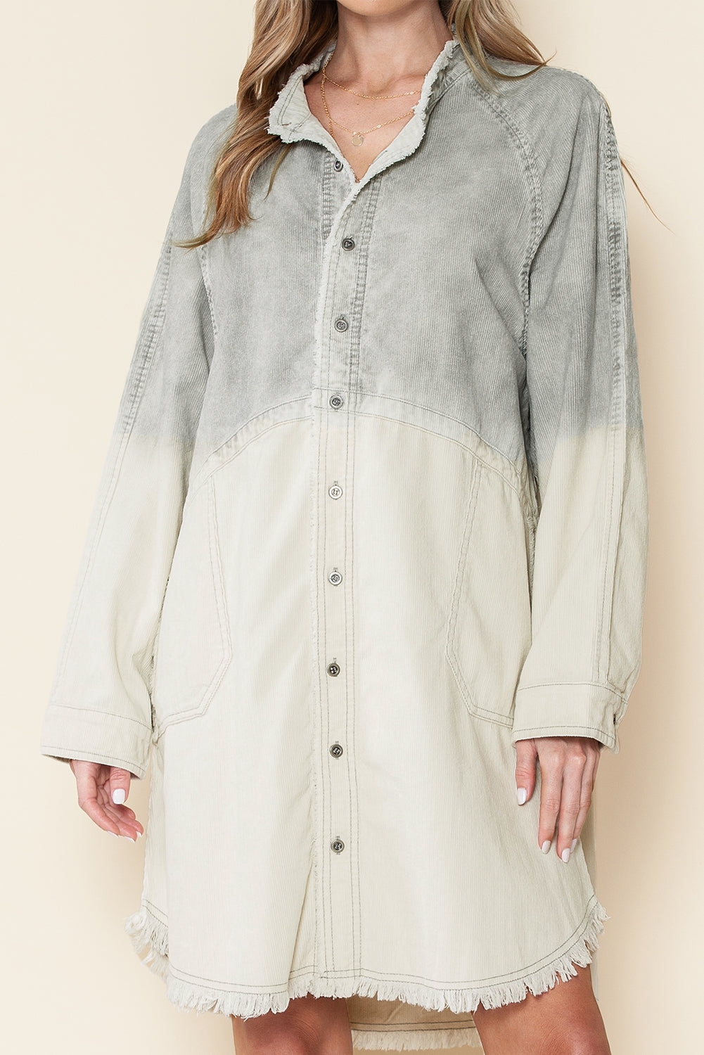 Gray Gradient Button Up Pockets Raw Trim Dress