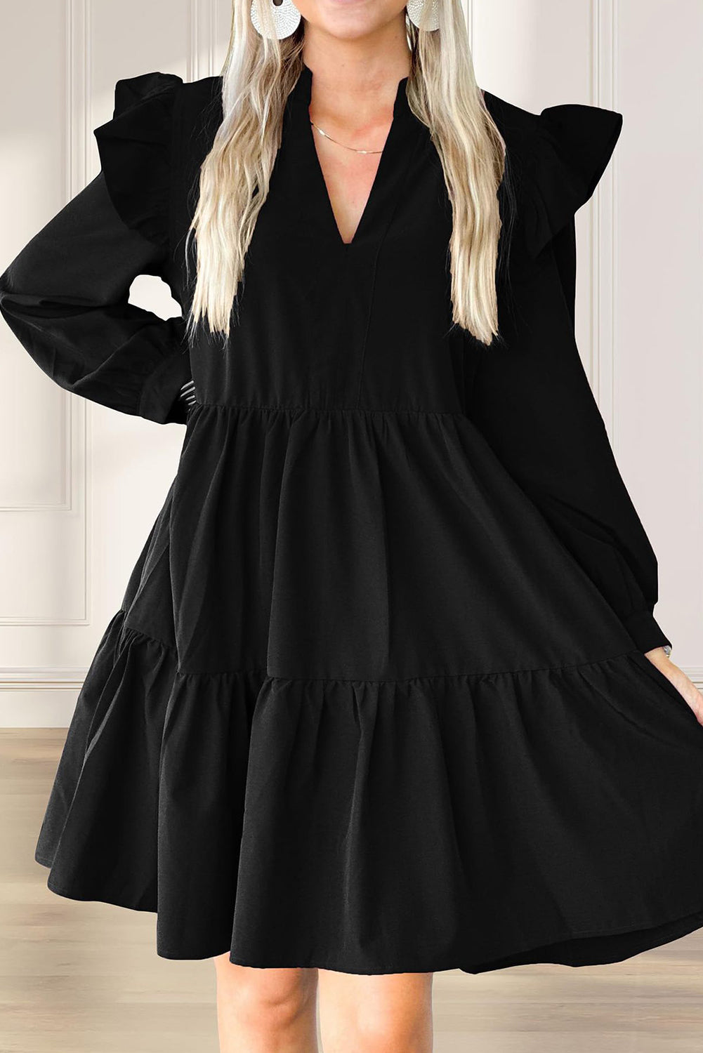 Black V Neck Ruffle Shoulder Tiered Mini Dress