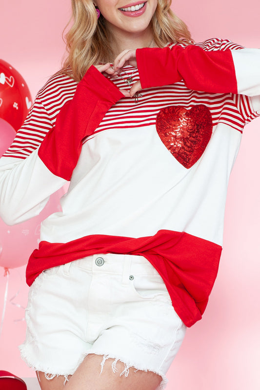 Red Striped Valentines Day Sequin Heart Long Sleeve Top