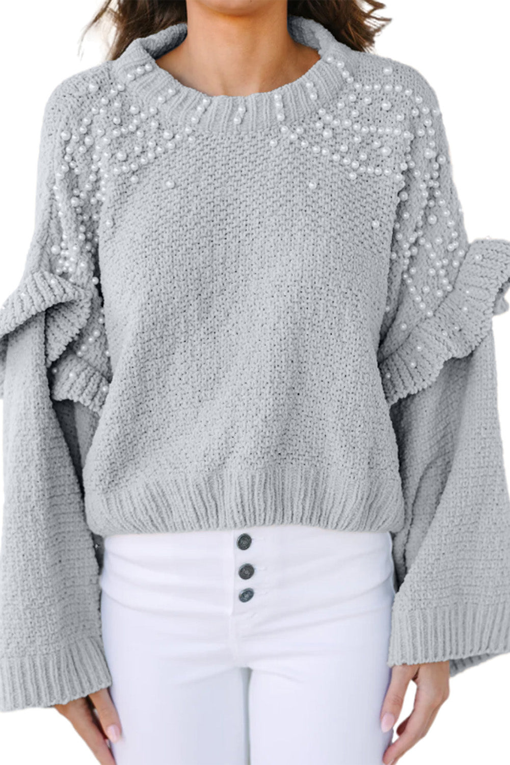 Grey Pearls Embellished Ruffle Trim Pullover Cropped Sweater