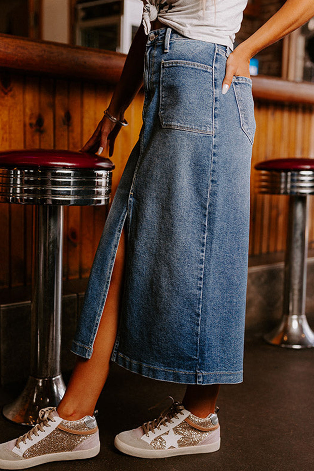 Sky Blue 4 Patch Pockets Front Slit Denim Skirt