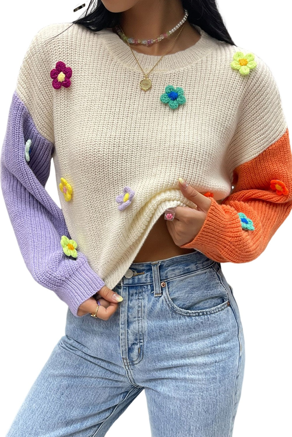 Multicolor Patchwork Floral Applique Knitted Sweater