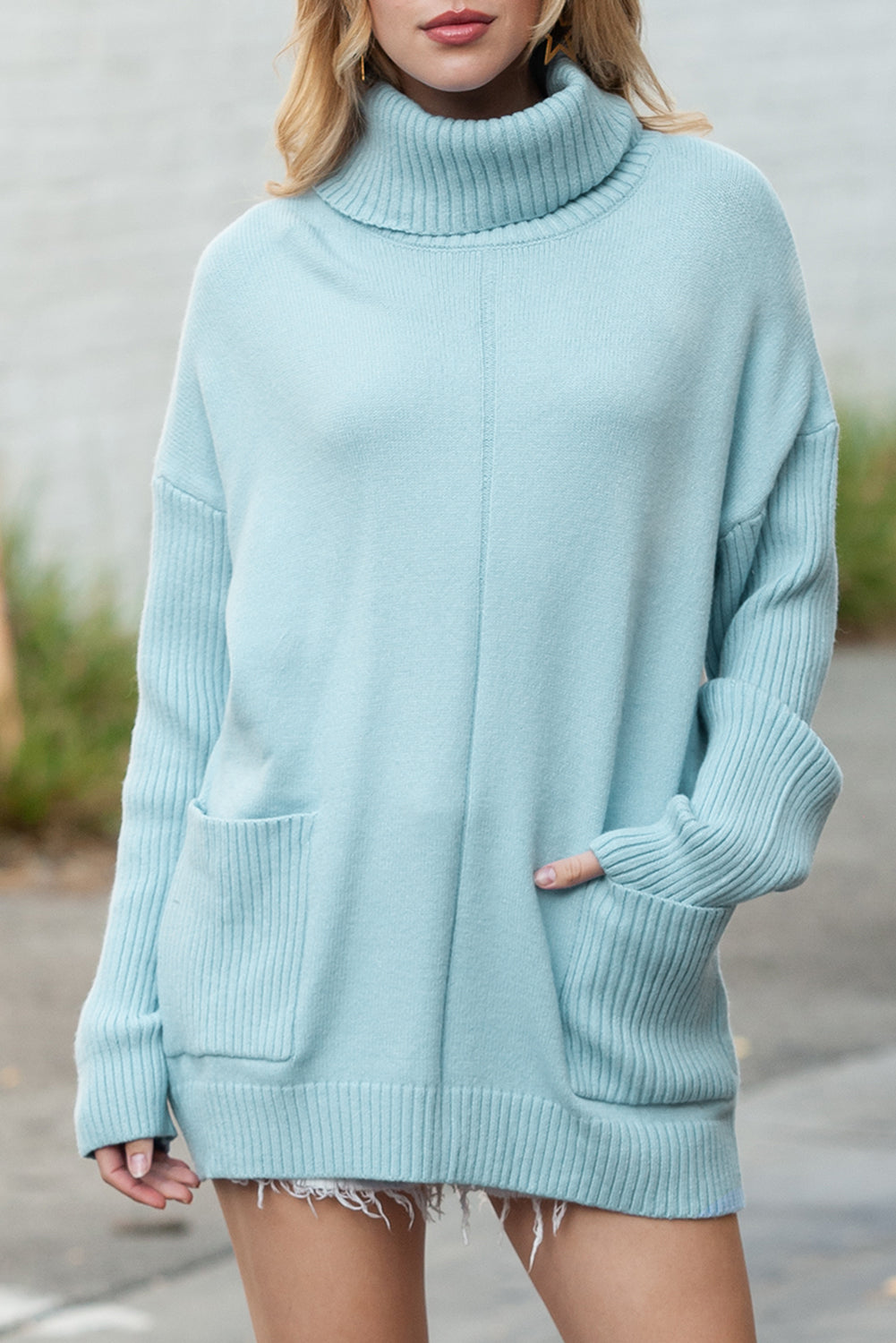 Icy Blue Pockets Turtleneck Ribbed Oversized Sweater