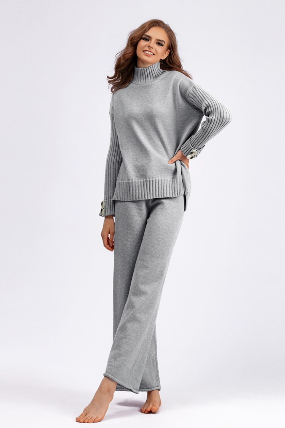 Basic Bae High- Low Turtleneck Long Sleeve Top and Pants Sweater Set