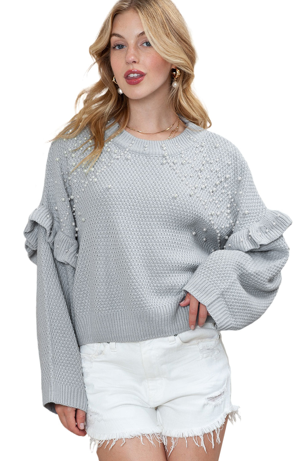 Grey Pearls Embellished Ruffle Trim Pullover Cropped Sweater