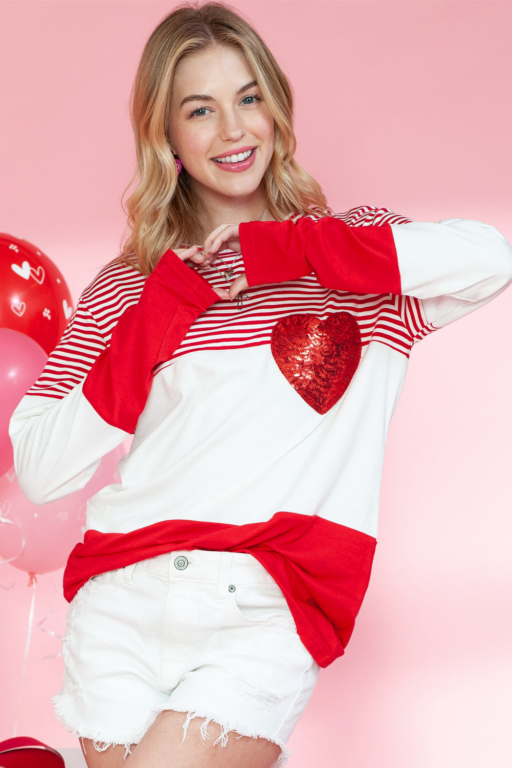 Red Striped Valentines Day Sequin Heart Long Sleeve Top