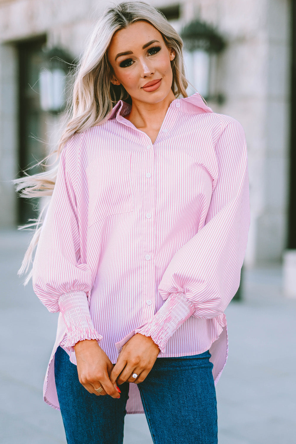 Pink Smocked Cuffed Striped Boyfriend Shirt with Pocket