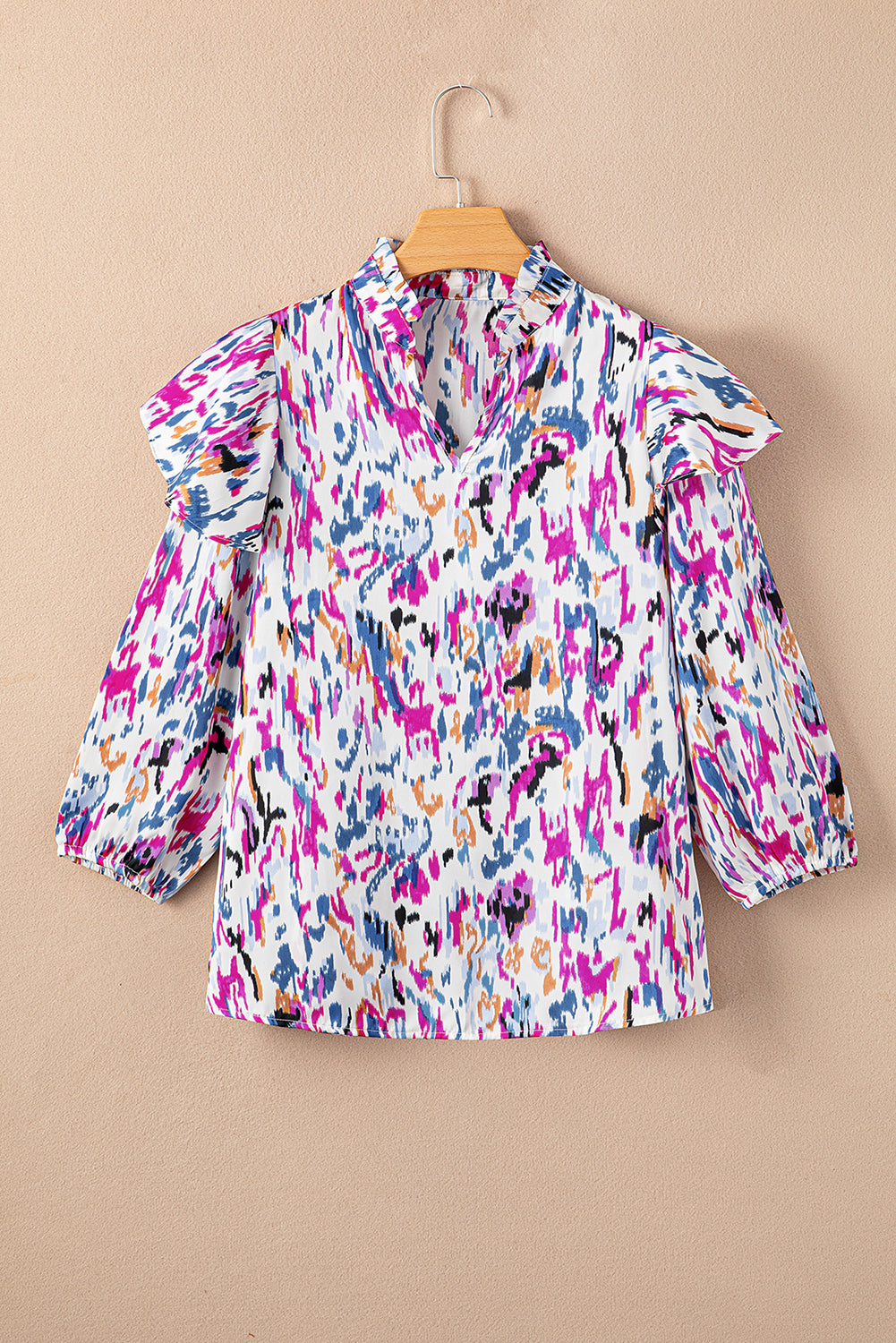 Multicolor Abstract Print 3/4 Puff Sleeve Ruffle Blouse