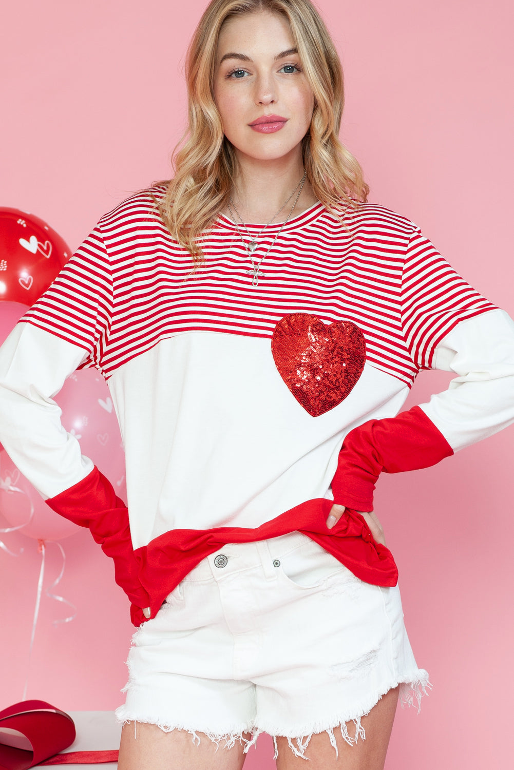 Red Striped Valentines Day Sequin Heart Long Sleeve Top