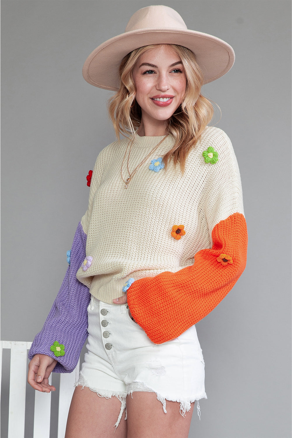 Multicolor Patchwork Floral Applique Knitted Sweater