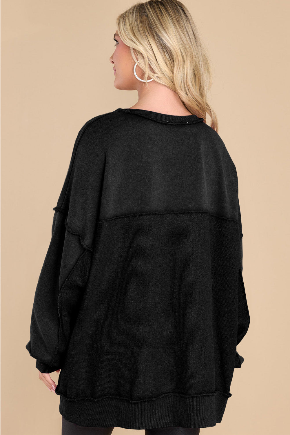 Black Patchwork Exposed Seam Henley Sweatshirt