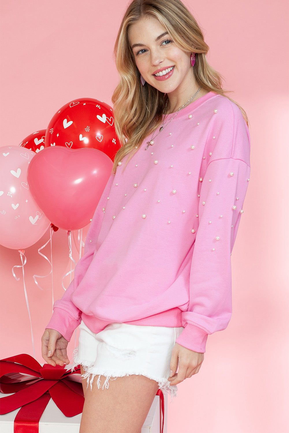 Pink Pearl Decor Ribbed Contrast Round Neck Sweatshirt