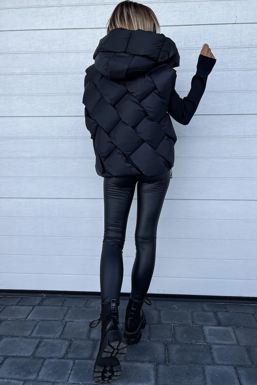 Black Quilted Zipper Front Hooded Vest