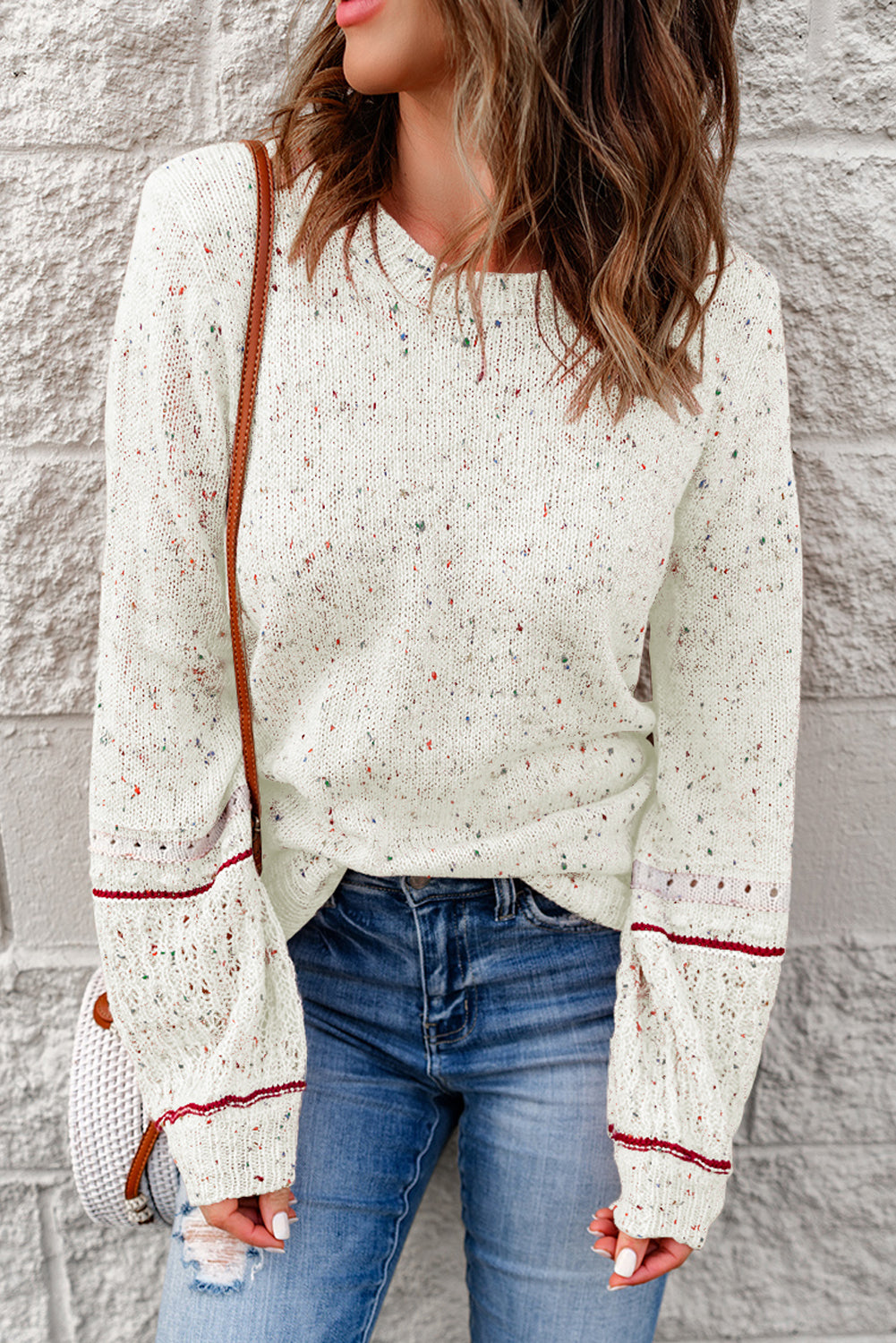 White Pilling Detail Colorblock Casual Cutout Knit Sweater