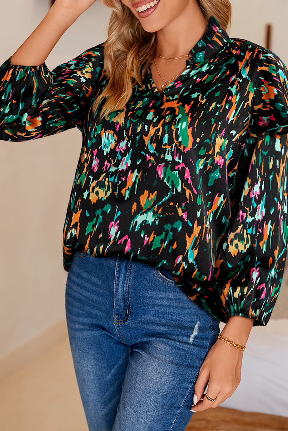 Multicolor Abstract Print 3/4 Puff Sleeve Ruffle Blouse