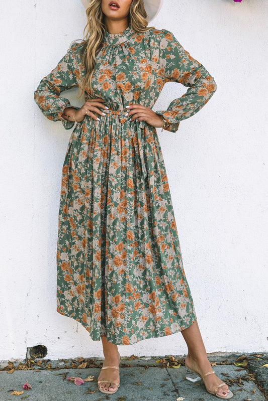 Green Frill Neck Boho Floral Print Pleated  Maxi Dress