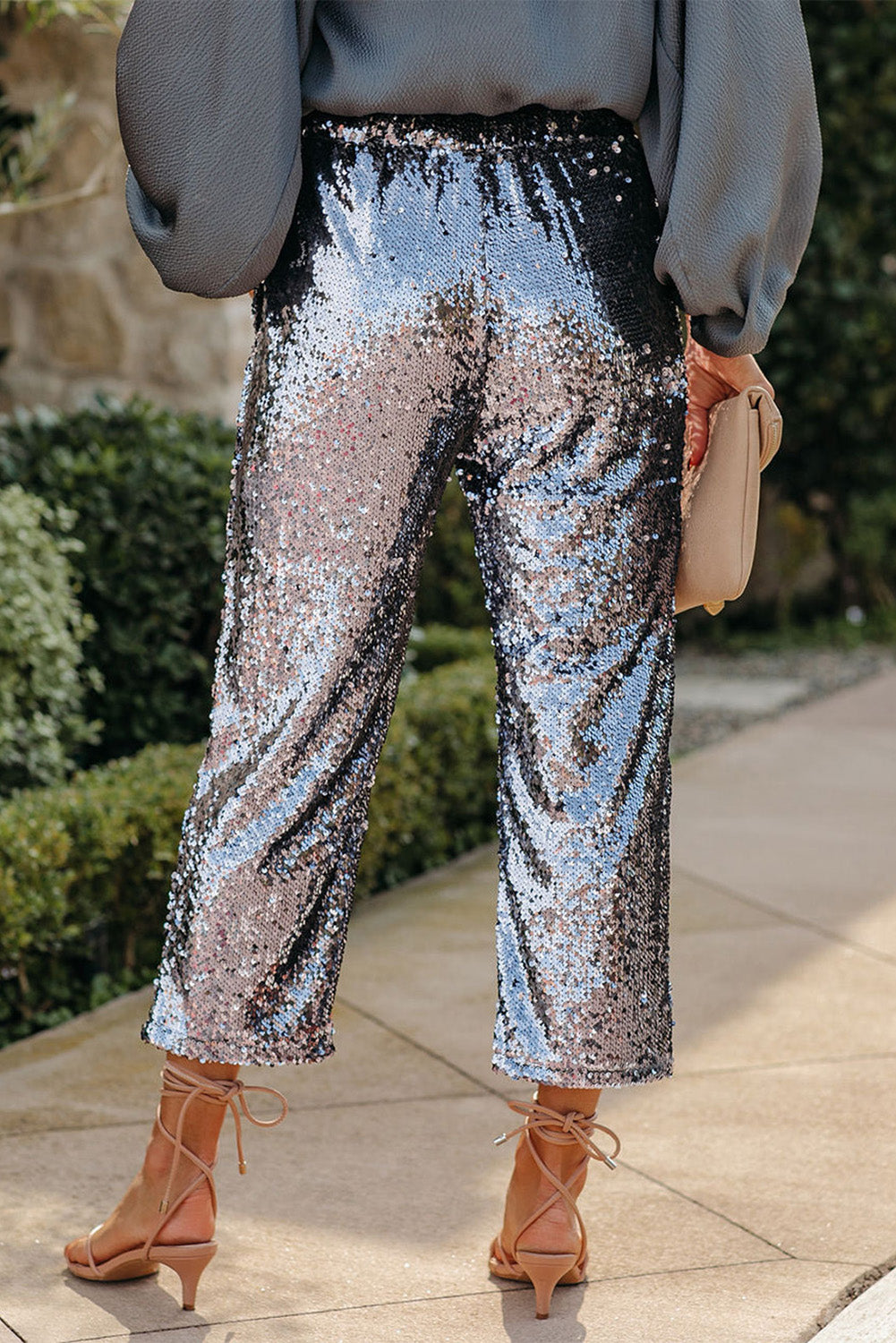 Silver High Waisted Drawstring Cropped Sequin Pants