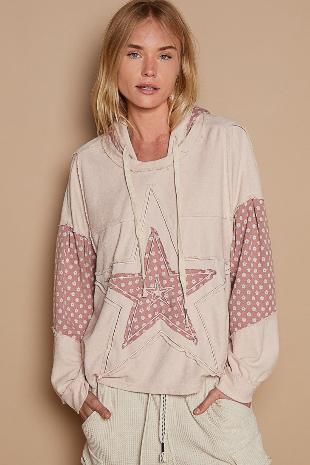 POL Star Patchwork Raw Edge French Terry Hoodie