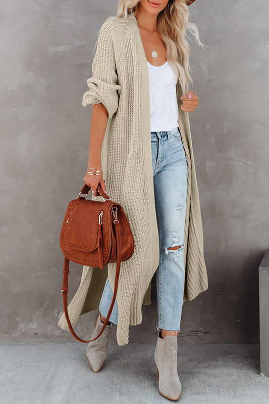 Beige Cable Knit Side Slits Open Front Duster