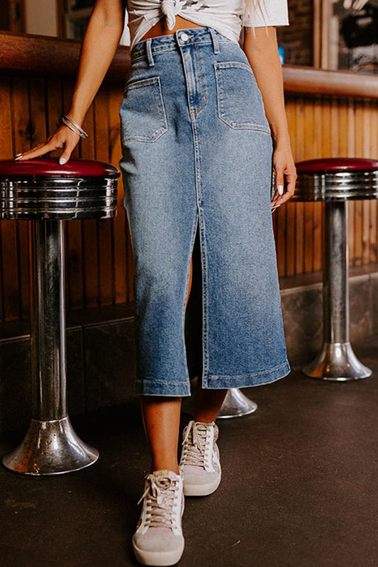 Sky Blue 4 Patch Pockets Front Slit Denim Skirt