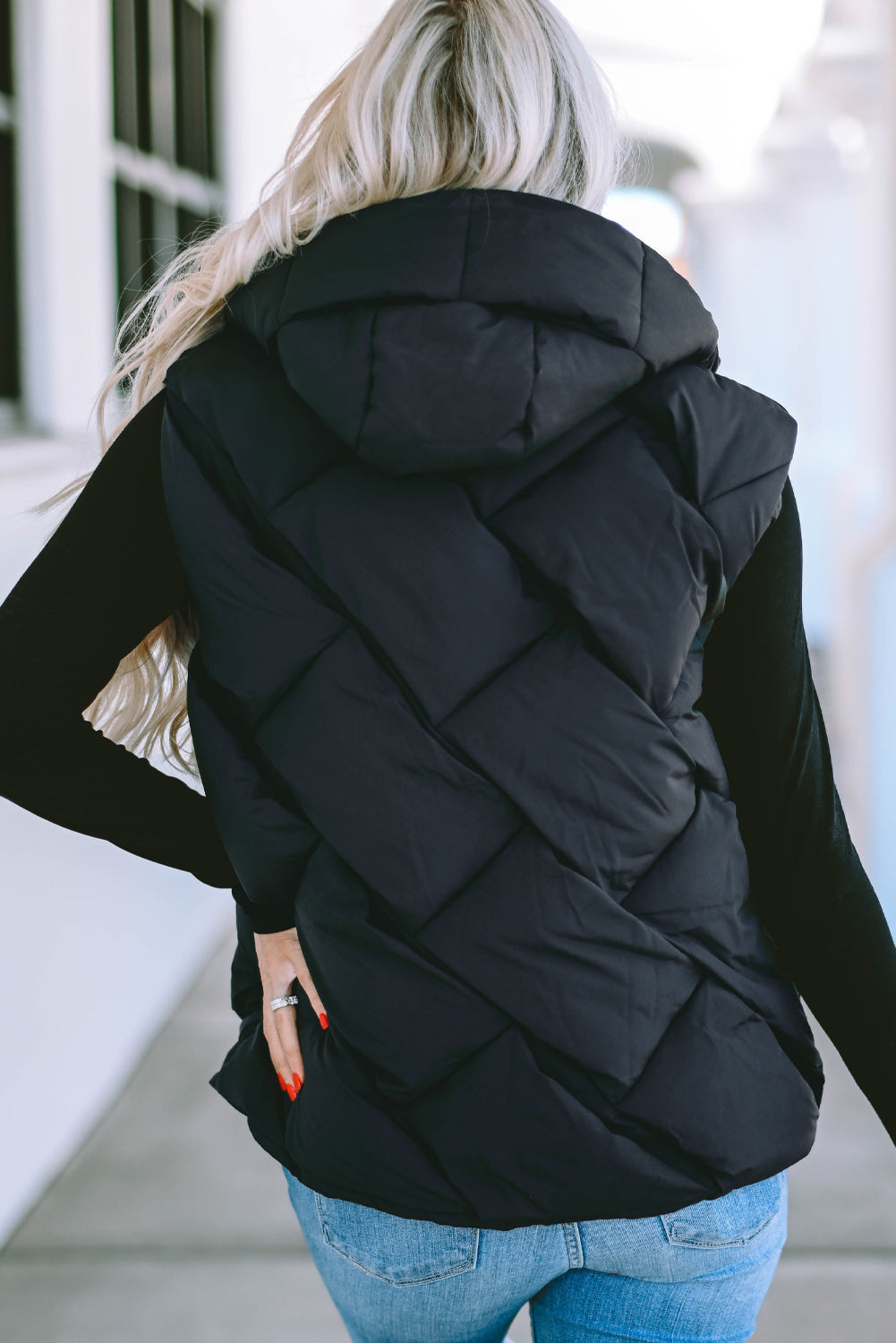 Black Quilted Zipper Front Hooded Vest