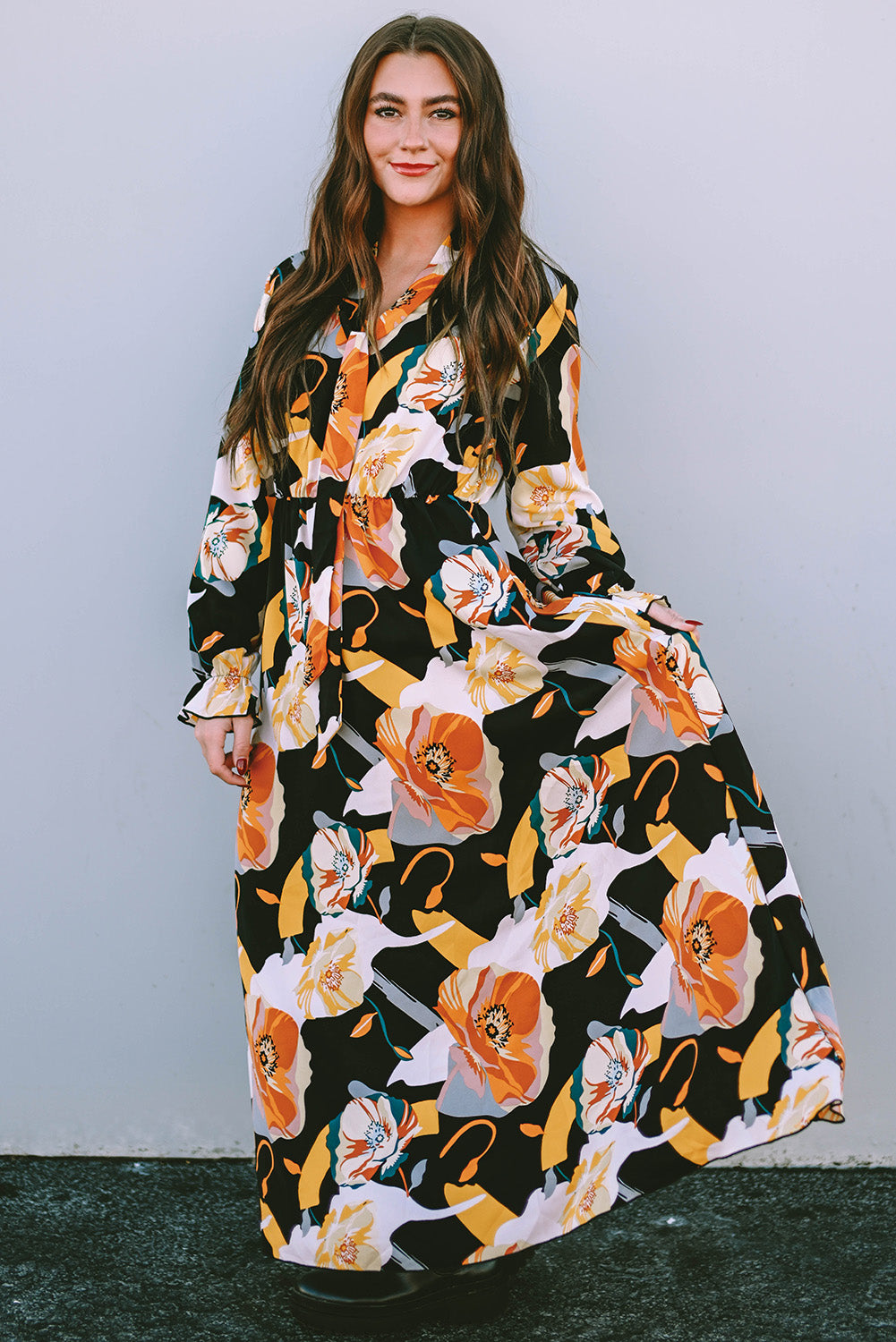 Orange Floral Print Tie Neck Long Sleeve Maxi Dress