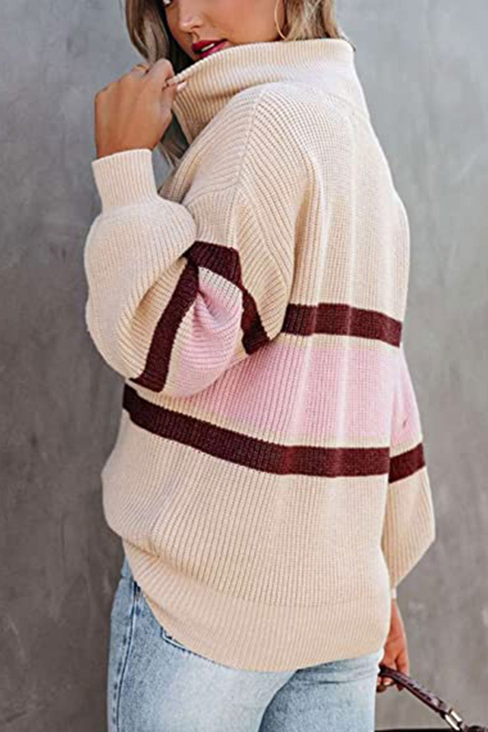 Apricot Stripes Print Quarter Zip Collared Knit Sweater