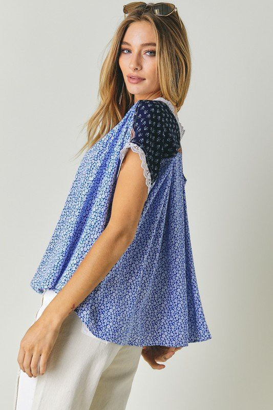 Blue Printed Lace V-Neck Top