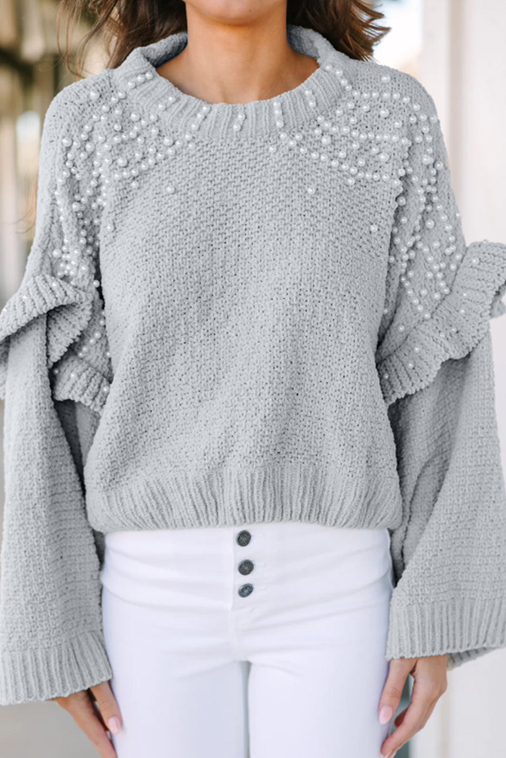 Grey Pearls Embellished Ruffle Trim Pullover Cropped Sweater