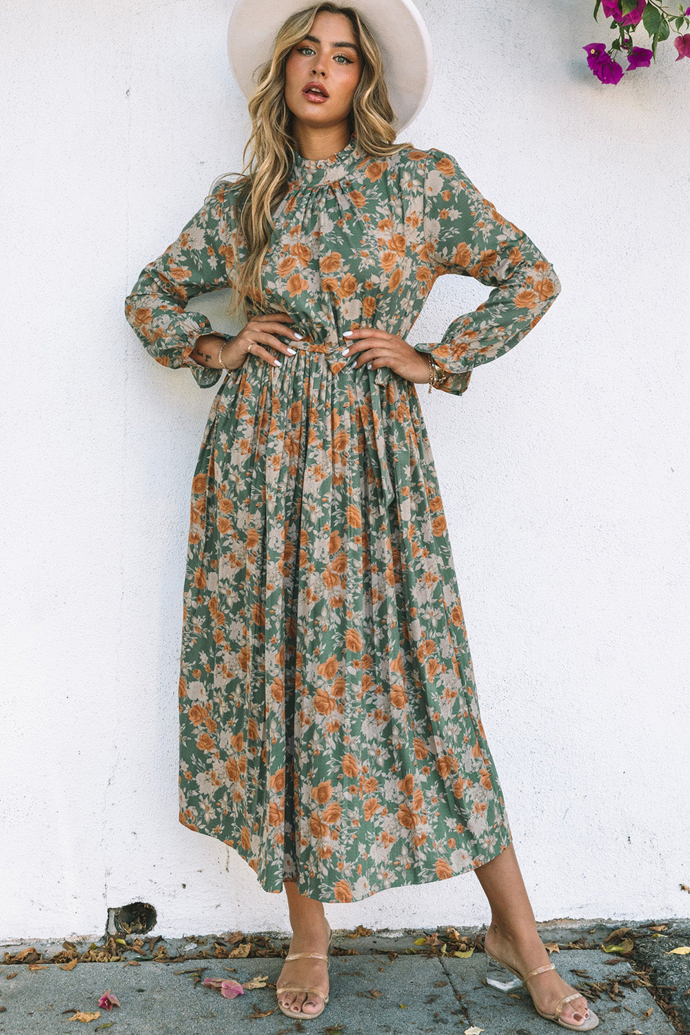 Green Frill Neck Boho Floral Print Pleated  Maxi Dress