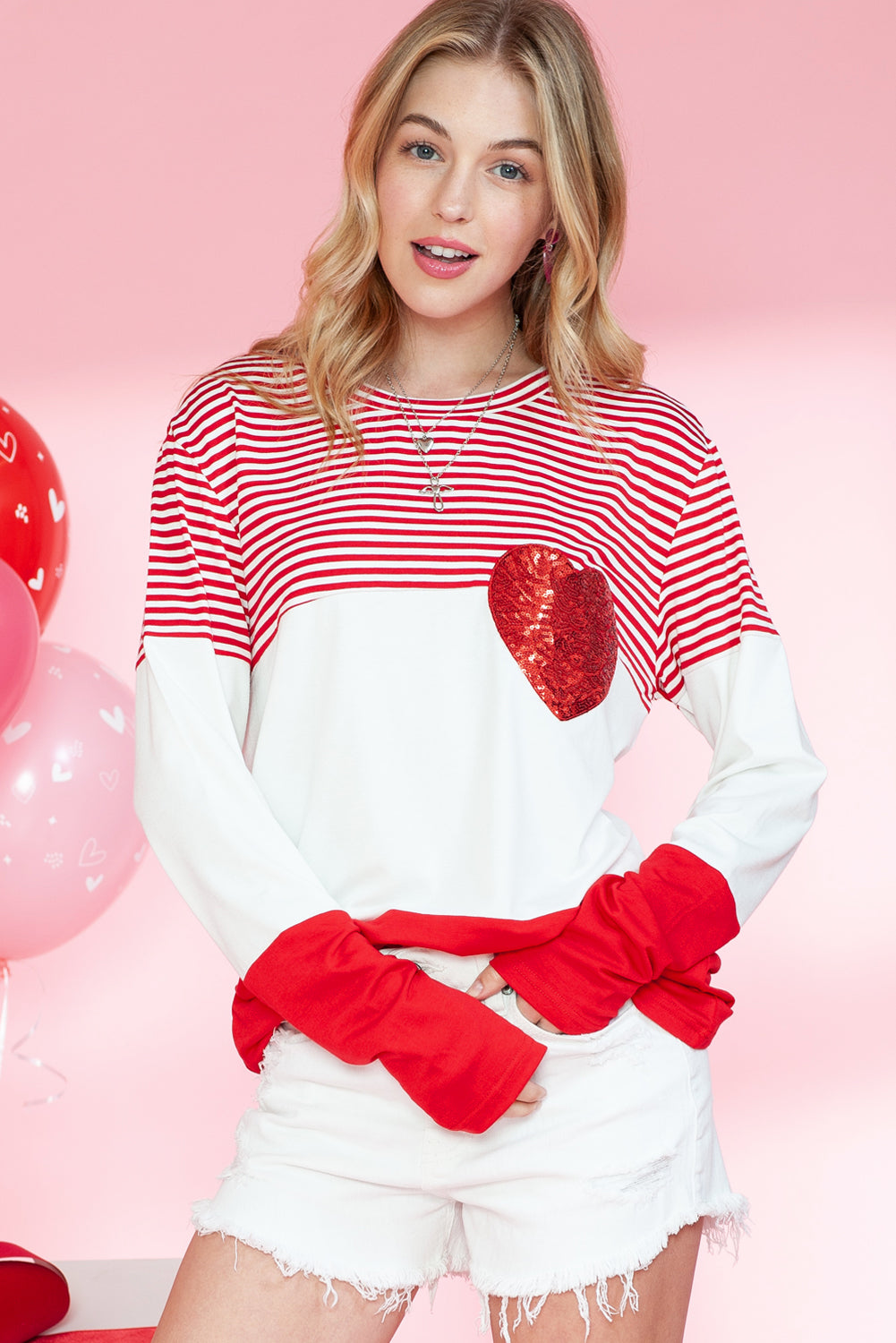 Red Striped Valentines Day Sequin Heart Long Sleeve Top