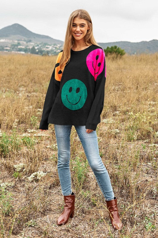 Smile Printed Long Sleeve Loose Fir Knit Sweater