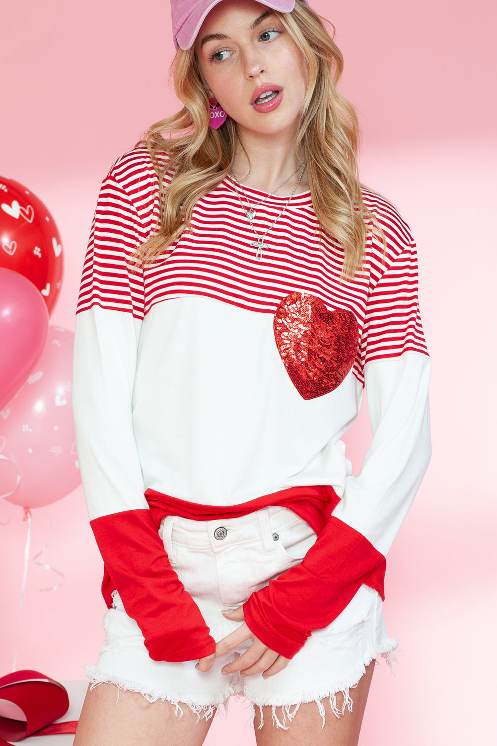 Red Striped Valentines Day Sequin Heart Long Sleeve Top