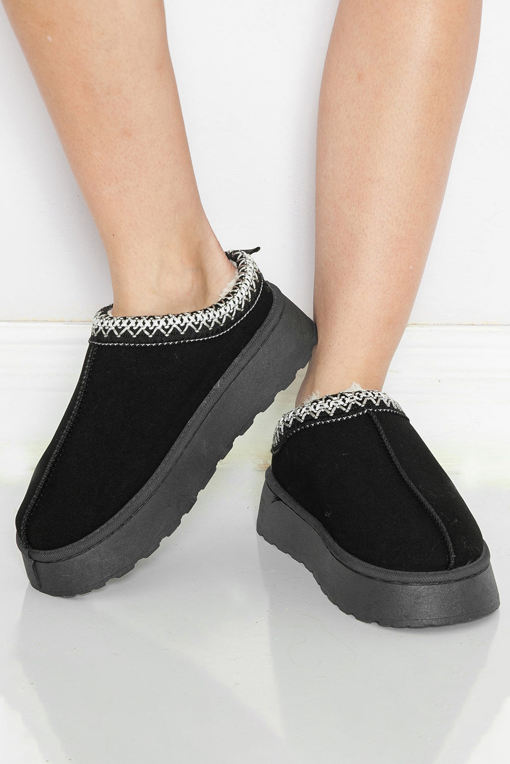 Black Suede Contrast Print Plush Lined Slippers