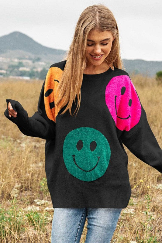 Smile Printed Long Sleeve Loose Fir Knit Sweater