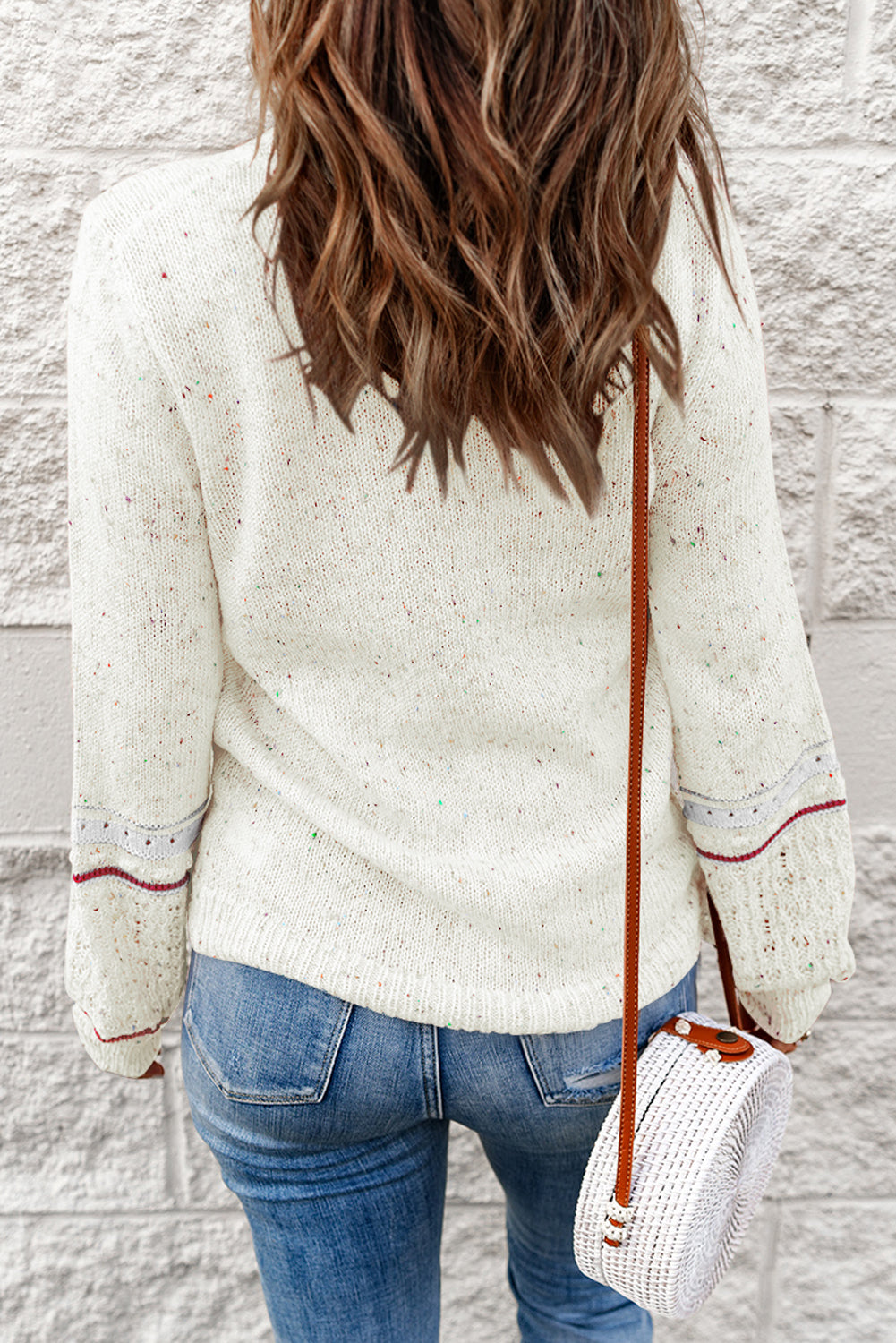 White Pilling Detail Colorblock Casual Cutout Knit Sweater