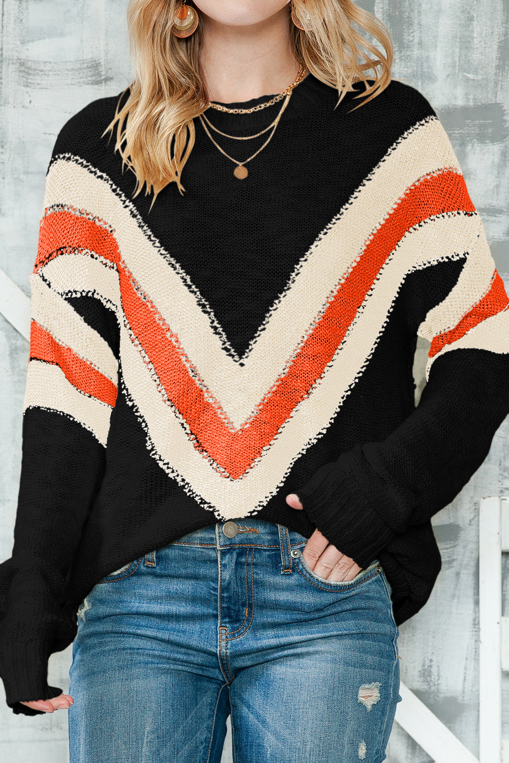 Black Chevron Casual Drop Shoulder Knit Sweater