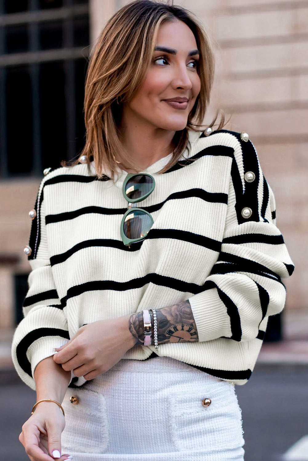 Black & White Stripe Print Button Long Sleeve Knitted Top