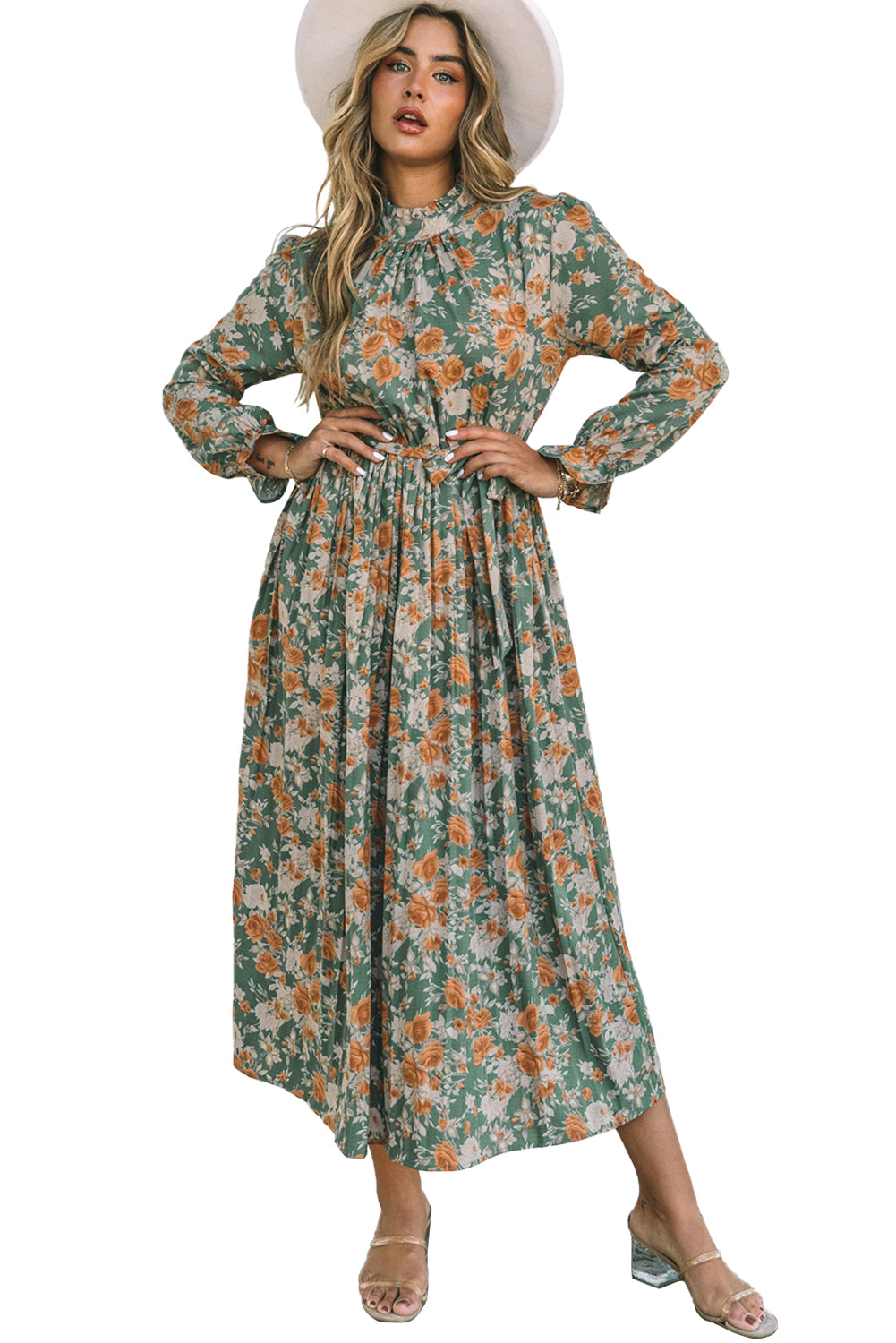 Green Frill Neck Boho Floral Print Pleated  Maxi Dress