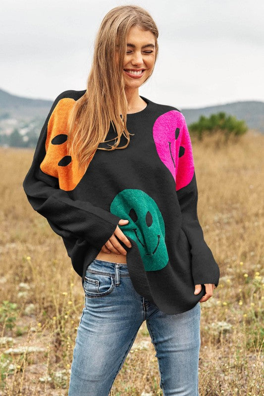 Smile Printed Long Sleeve Loose Fir Knit Sweater