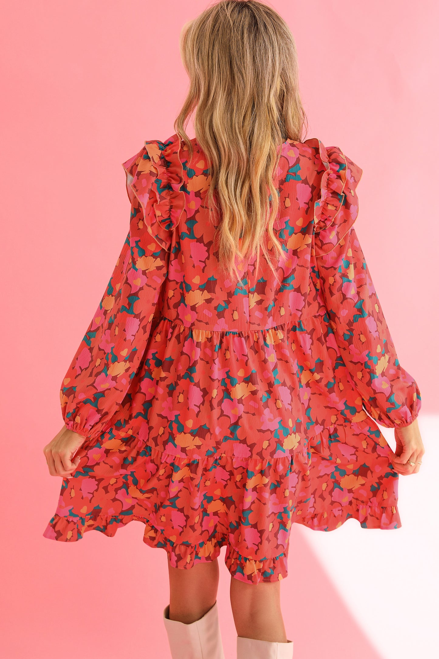 Rose Red Boho Floral Print Ruffle Tiered Mini Dress