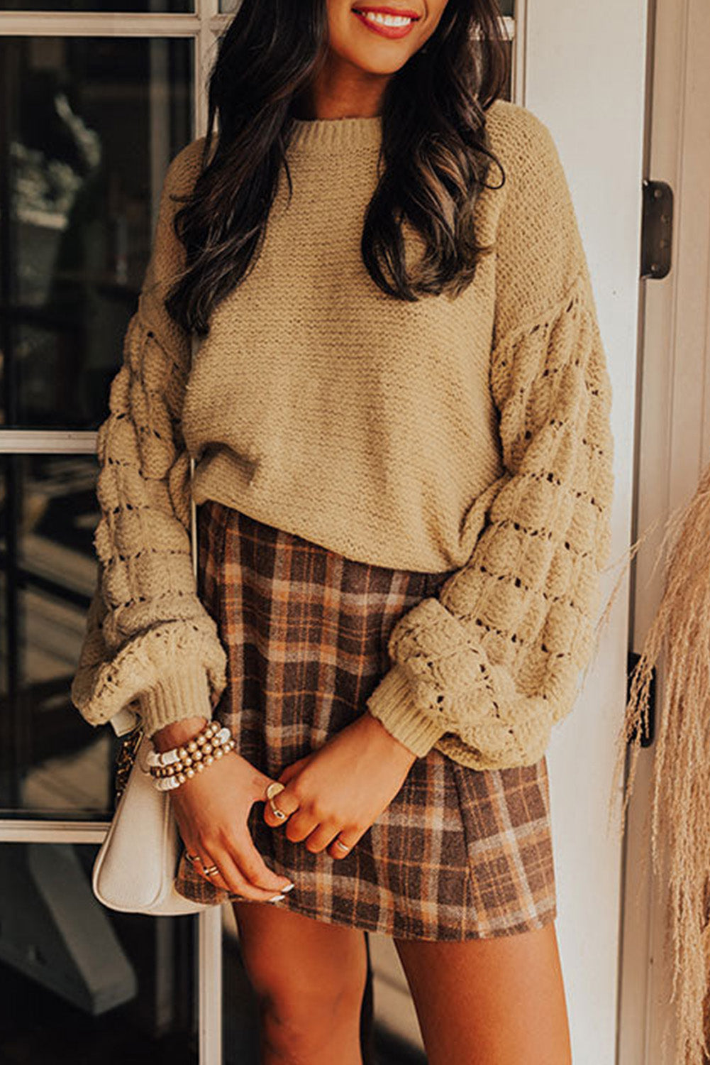 Khaki Casual Hollowed Long Sleeve Knit Sweater