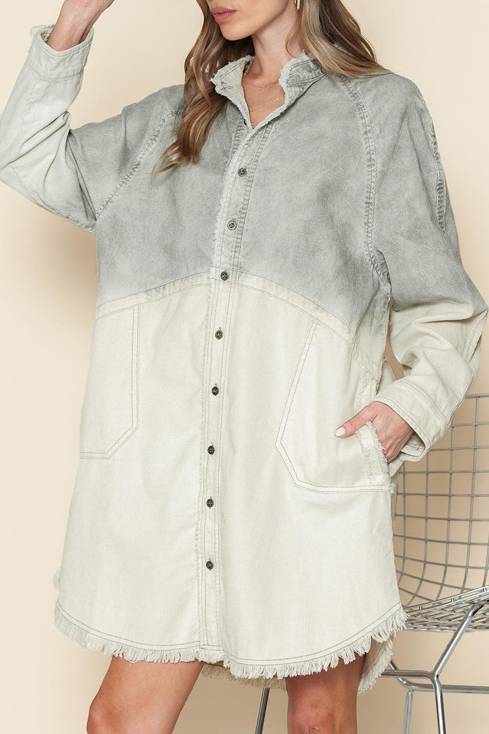 Gray Gradient Button Up Pockets Raw Trim Dress