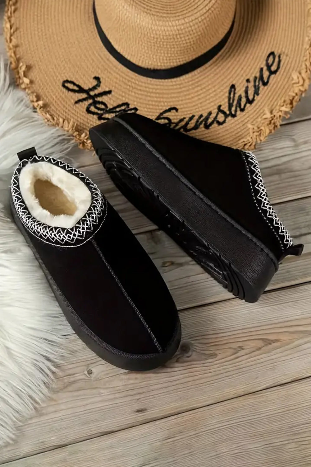 Black Suede Contrast Print Plush Lined Slippers